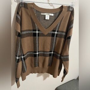 Max Studio Brown Plaid V-Neck Sweater
